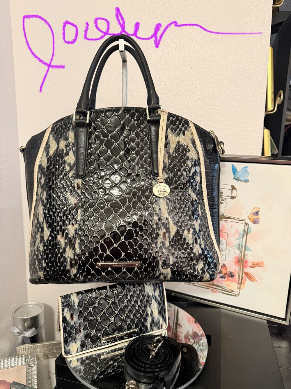 Brahmin Elegant Black and White Snake Print Handbag and wallet